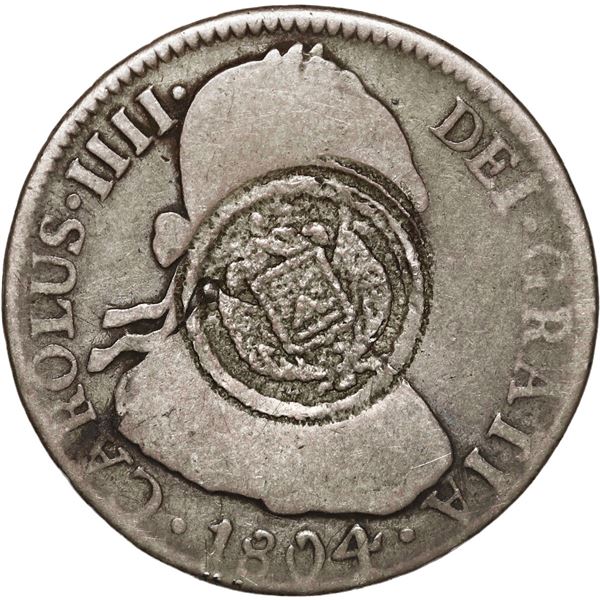 EL SALVADOR, San Salvador, 2 reales, arms countermark (Type V, 1868) on a Potosí, Bolivia, bust 2 re