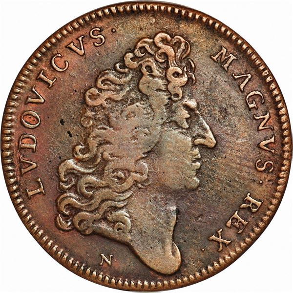 FRANCE, Montpellier, bronze jeton, Louis XIV, no date (1697), mintmark N, sack of Cartagena (Colombi