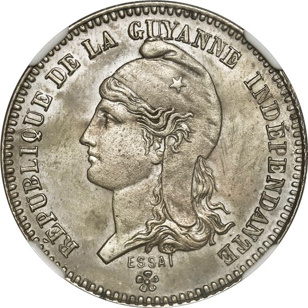FRENCH GUIANA, copper-nickel-zinc essai 20 centimes, 1887, NGC MS 62.
