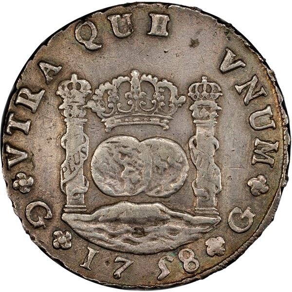 GUATEMALA, Guatemala City, pillar 8 reales, Ferdinand VI, 1758 J, no abaci below crowns atop pillars