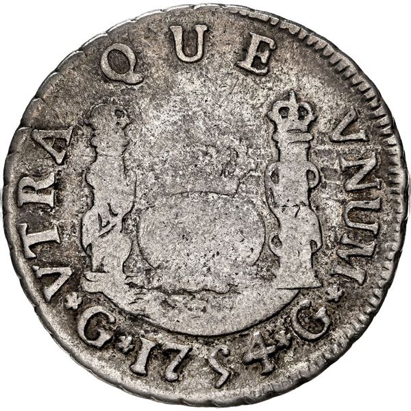 GUATEMALA, Guatemala City, pillar 2 reales, Ferdinand VI, 1754 J, rare, NGC VG details / rev damage.