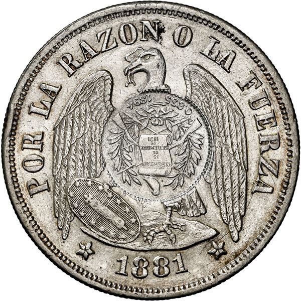 GUATEMALA, Guatemala City, 1 peso, "½ real" counterstamp of 1894 on a Santiago, Chile, 1 peso, 1881,