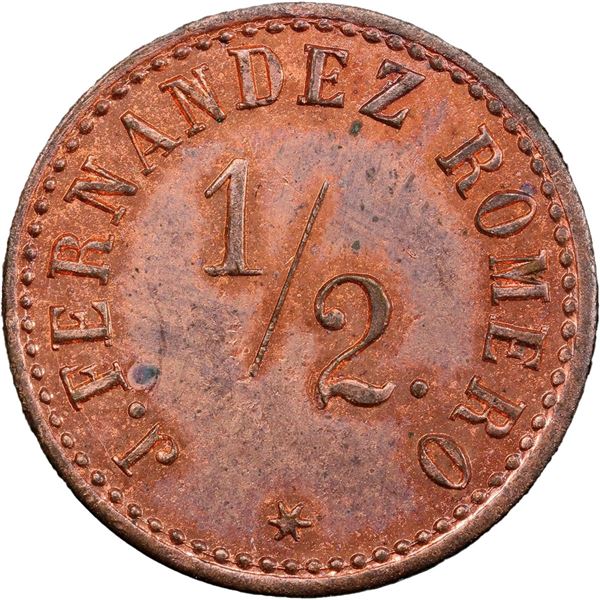 GUATEMALA, Pochuta, Chimaltenango, copper ½ real plantation token, ca. late 1800s, El Retiro / J. Fe
