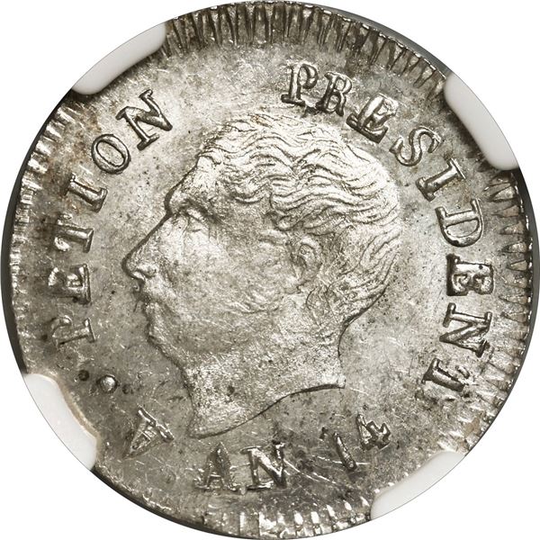HAITI, Port-au-Prince, 25 centimes, Pétion, An 14 (1817), NGC MS 66.