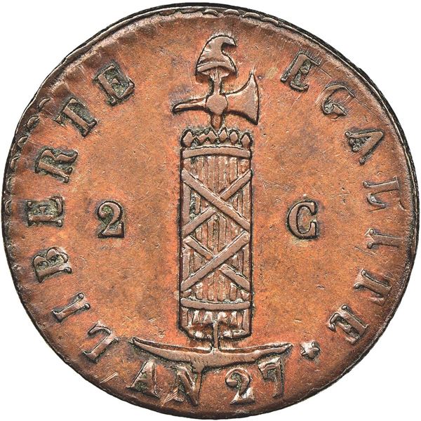 HAITI, copper 2 centimes, An 27 // 1830, NGC MS 61 BN.