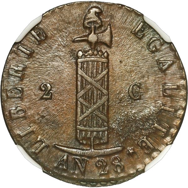HAITI, copper 2 centimes, An 28 // 1831, NGC AU 58 BN.
