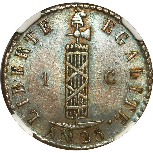 HAITI, copper 1 centime, An 25 // 1828, NGC AU 53 BN, ex-Rudman.