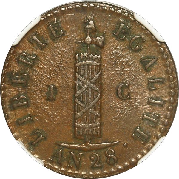 HAITI, copper 1 centime, An 28 // 1830, NGC AU 55 BN, ex-Rudman.