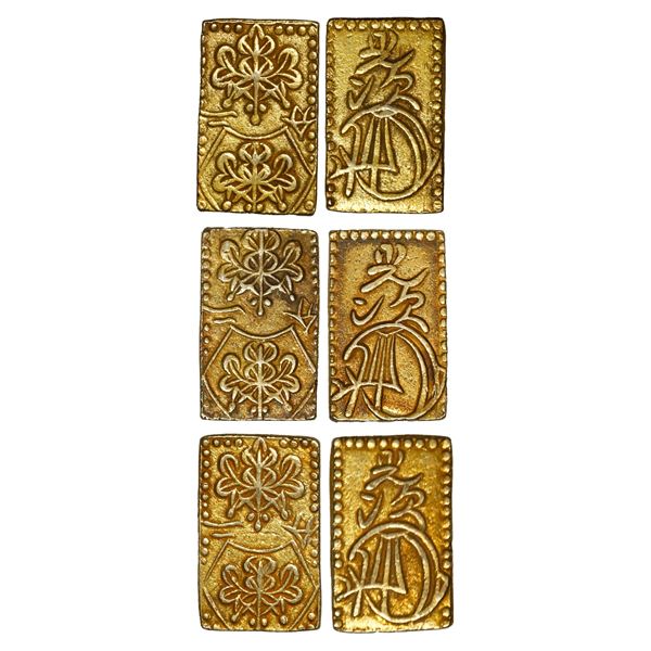 JAPAN, lot of three gold 2 bu (ni bu kin) "samurai coins," Tokugawa Shogunate, Ansei era (1854-60).
