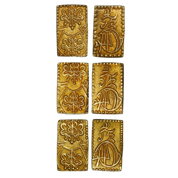 JAPAN, lot of three gold 2 bu "samurai coins," Meiji era (Mutsuhito, 1860s).