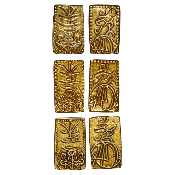 JAPAN, lot of three gold 2 shu "samurai coins," Tokugawa Shogunate, Tempo era (1830-44).