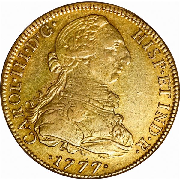MEXICO, Mexico City, gold bust 8 escudos, Charles III, 1777/6 FM, NGC AU 53.