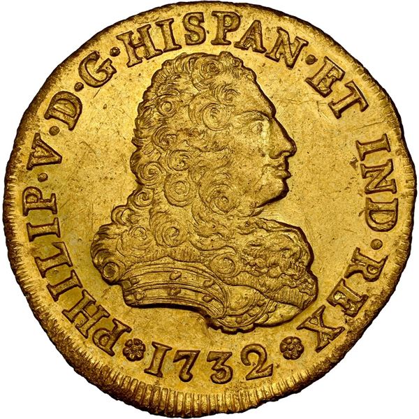 MEXICO, Mexico City, gold bust 4 escudos, Philip V, 1732 F, extremely rare, NGC MS 60 (Shipwreck Blu