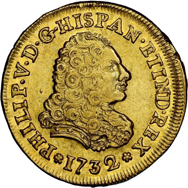 MEXICO, Mexico City, gold bust 2 escudos, Philip V, 1732 F, extremely rare, NGC AU 58, finest known 