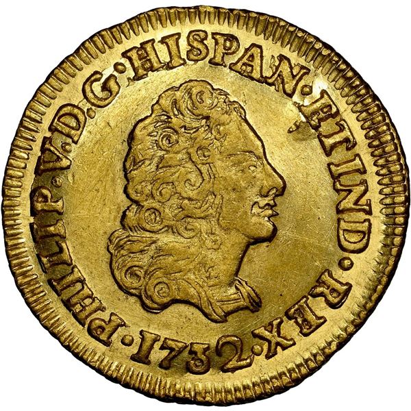 MEXICO, Mexico City, gold bust 1 escudo, Philip V, 1732 F, extremely rare, NGC MS 61, "top pop," ex-