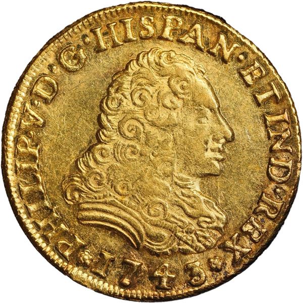 MEXICO, Mexico City, gold bust 2 escudos, Philip V, 1743 MF, extremely rare, PCGS AU58, finest and o
