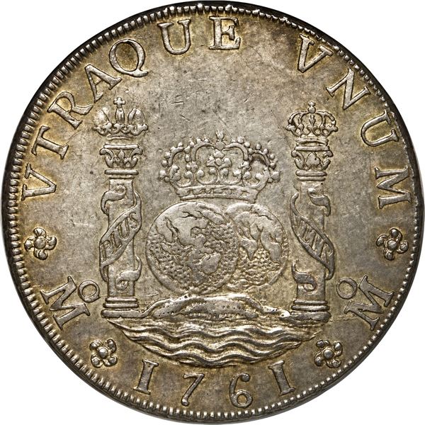 MEXICO, Mexico City, pillar 8 reales, Charles III, 1761 MM, cross between H and I, NGC AU 55.