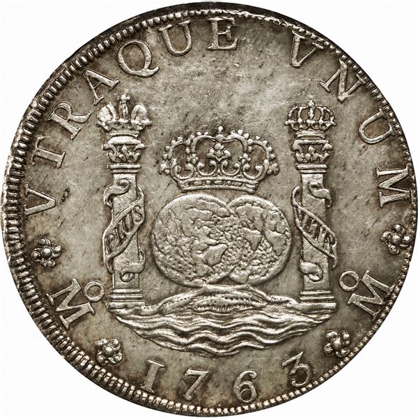 MEXICO, Mexico City, pillar 8 reales, Charles III, 1763 MF, rounded 6 over old-style 6 in date, NGC