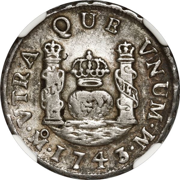 MEXICO, Mexico City, pillar 1 real, Philip V, 1743 M, NGC XF details / cleaned.