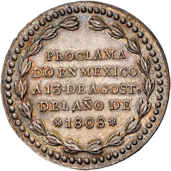 MEXICO, Mexico City, 8 reales-sized proclamation medal, Ferdinand VII, 1808, NGC UNC details / clean