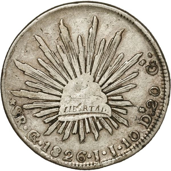 MEXICO, Guanajuato, cap-and-rays 8 reales, 1826 JJ, straight J's.