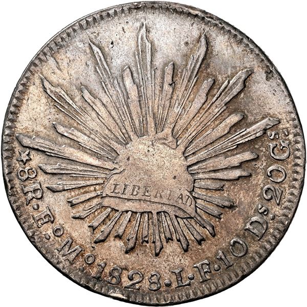 MEXICO, Estado de Mexico (Tlalpam), cap-and-rays 8 reales, 1828 LF, very rare, NGC XF details / clea