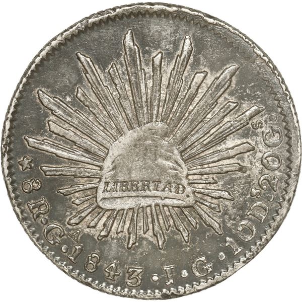MEXICO, Guadalajara, cap-and-rays 8 reales, 1843 JG, coin alignment.
