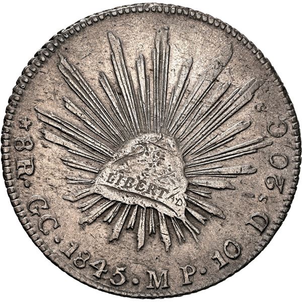 MEXICO, Guadalupe y Calvo, cap-and-rays 8 reales, 1845 MP, rounded cap, square tail eagle, NGC AU de