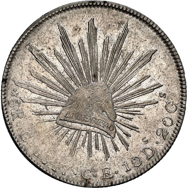 MEXICO, Culiacán, cap-and-rays 8 reales, 1847 CE, very rare, NGC AU details / cleaned.