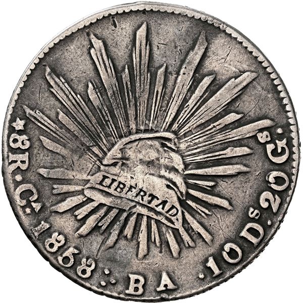 MEXICO, Chihuahua mint, cap-and-rays 8 reales, 1858 BA, very rare, NGC VF 20.