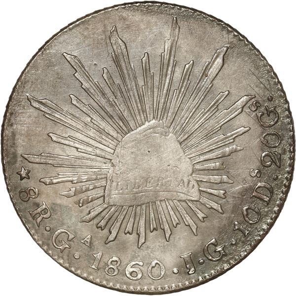 MEXICO, Guadalajara, cap-and-rays 8 reales, 1860 JG, no dot, rare.