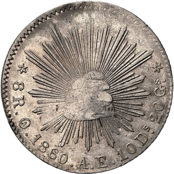 MEXICO, Oaxaca, cap-and-rays 8 reales, 1860 AE, second eagle, very rare.