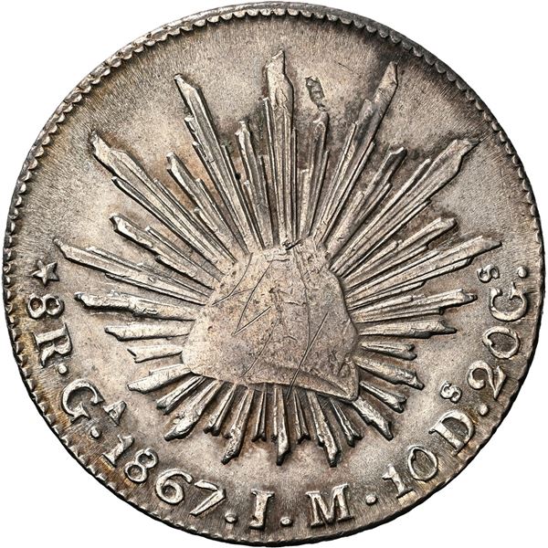 MEXICO, Guadalajara, cap-and-rays 8 reales, 1867 JM, NGC UNC details / obv graffiti, Dunigan-Parker 