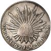 Image 1 : MEXICO, Guadalajara, cap-and-rays 8 reales, 1867 JM, NGC UNC details / obv graffiti, Dunigan-Parker 