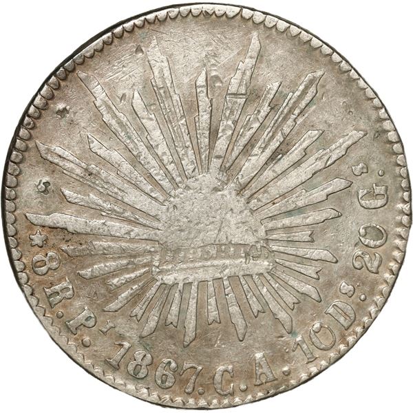 MEXICO, San Luis Potosí, cap-and-rays 8 reales, 1867 CA, very rare.
