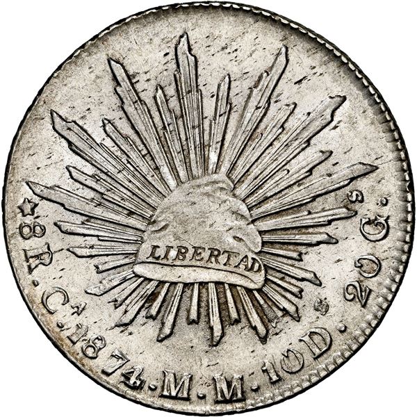 MEXICO, Chihuahua, cap-and-rays 8 reales, 1874 MM, NGC AU details / obv spot removed.