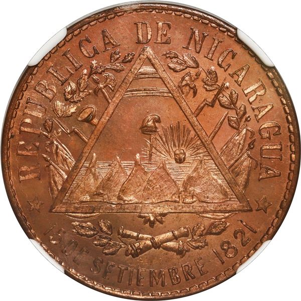 NICARAGUA, copper proof pattern 2 centavos, 1887-E, NGC PF 65 RB, "top pop."