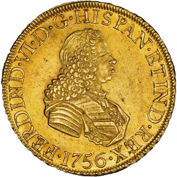 PERU, Lima, gold bust 8 escudos, Ferdinand VI, 1756 JM, rare, PCGS MS61, finest known in PCGS census