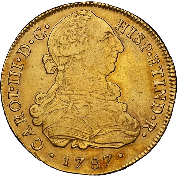 PERU, Lima, gold bust 8 escudos, Charles III, 1787 MI, NGC XF 45.