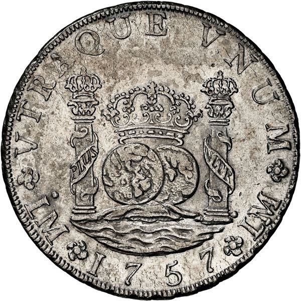 PERU, Lima, pillar 8 reales, Ferdinand VI, 1757 JM, NGC AU 58, ex-Almenara.