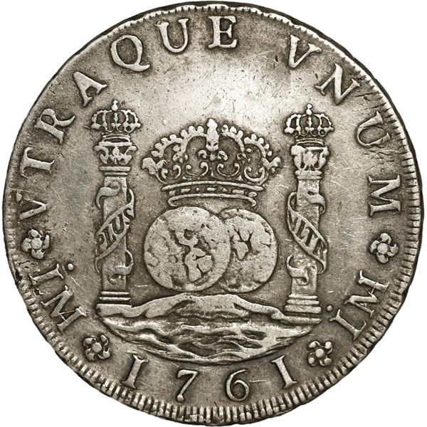 PERU, Lima, pillar 8 reales, Charles III, 1761 JM, both mintmarks dotted.