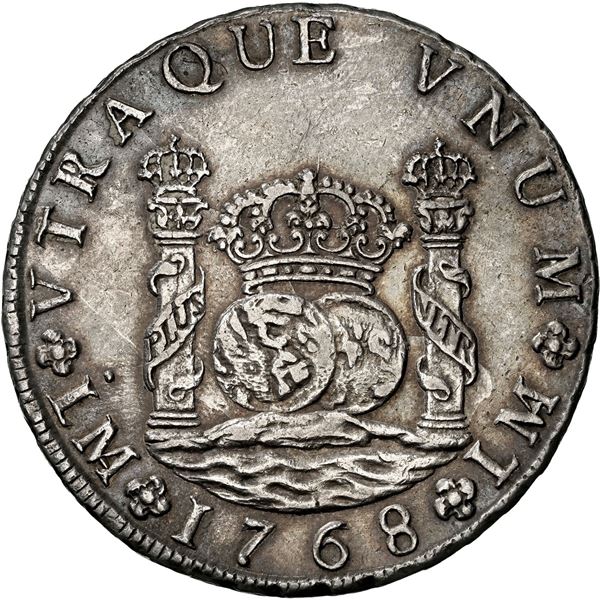 PERU, Lima, pillar 8 reales, Charles III, 1768 JM, dot over left mintmark only, NGC AU details / cle