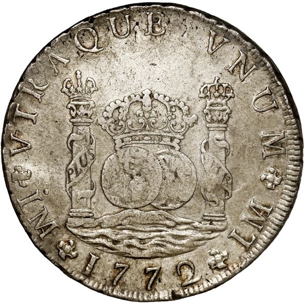 PERU, Lima, pillar 8 reales, Charles III, 1772 JM, dot over left mintmark only, rare.