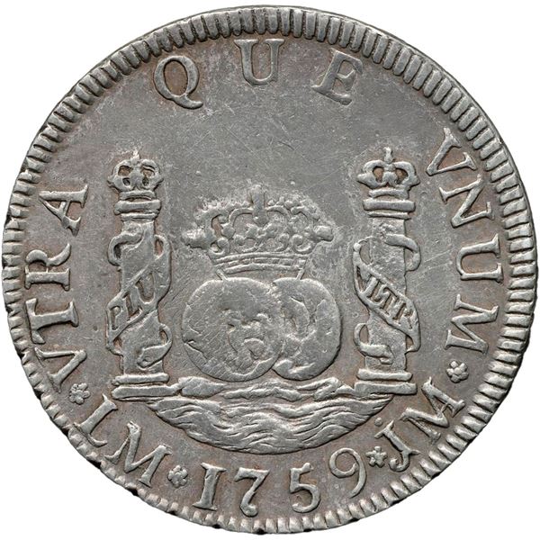 PERU, Lima, pillar 2 reales, Ferdinand VI, 1759 JM, ligature on assayer, no dot above mintmark, rare