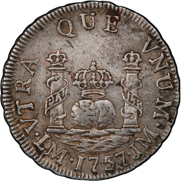 PERU, Lima, pillar 1 real, Ferdinand VI, 1757 JM, PCGS XF details / cleaned.