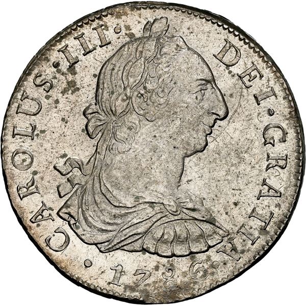 PERU, Lima, bust 8 reales, Charles III, 1786 MI, NGC MS 61, ex-Almenara.