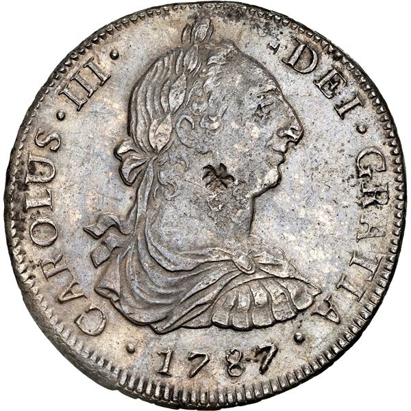 PERU, Lima, bust 8 reales, Charles III, 1787 MI, NGC AU details / chopmarked, ex-Almenara.