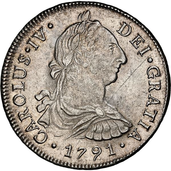PERU, Lima, bust 8 reales, Charles IV transitional (bust of Charles III, ordinal IV), 1791 IJ, NGC U