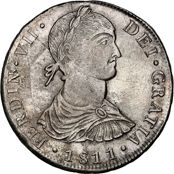 PERU, Lima, bust 8 reales, Ferdinand VII transitional ("imaginary" bust), 1811 JP, NGC AU 55, ex-Alm