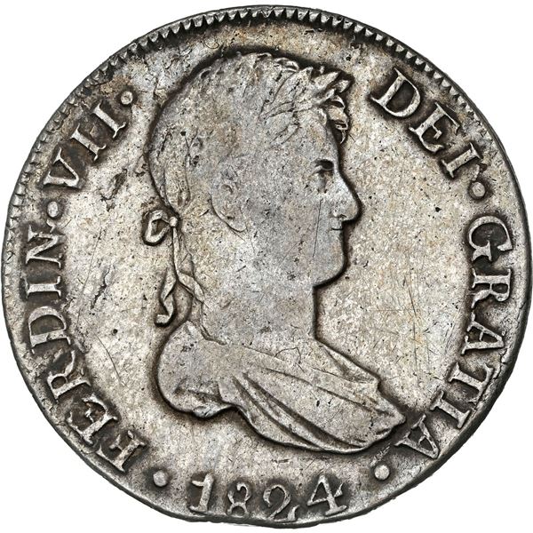 PERU, Cuzco, bust 8 reales, Ferdinand VII, 1824 G, no dot between IND REX, rare, NGC VF 35, ex-Almen